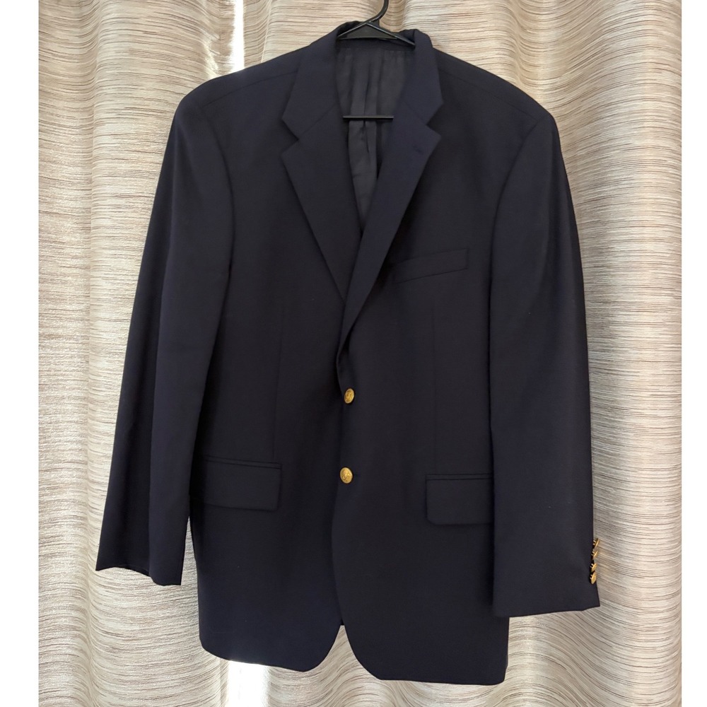 Polo University Ralph Lauren Mens Navy Blue Wool Blazer Gold Crest Buttons 44R